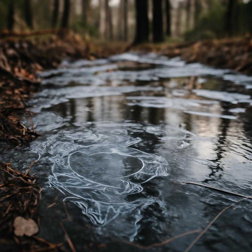 ледяная корка на лесных лужах