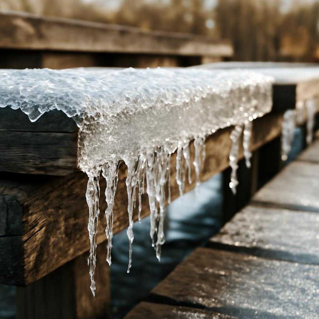 ледяные корки на кромках деревянных настилов