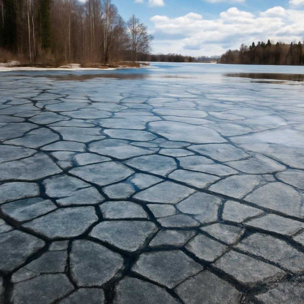 мозаичные трещины на льду озёр весной
