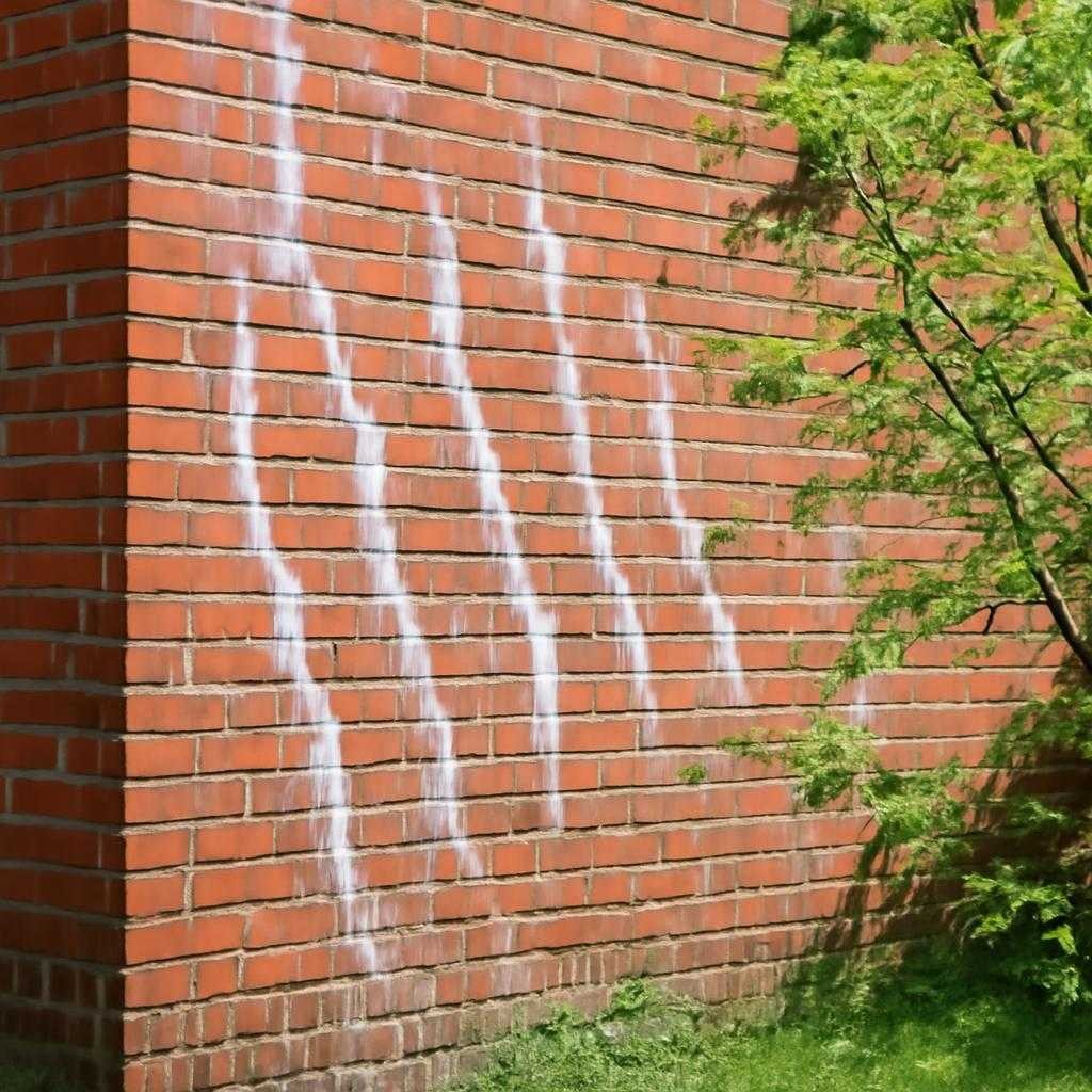 белые полосы на кирпичных стенах весной