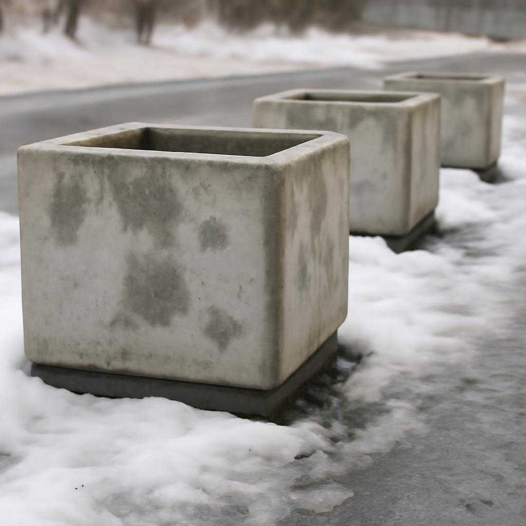 серые пятна на бетонных клумбах зимой