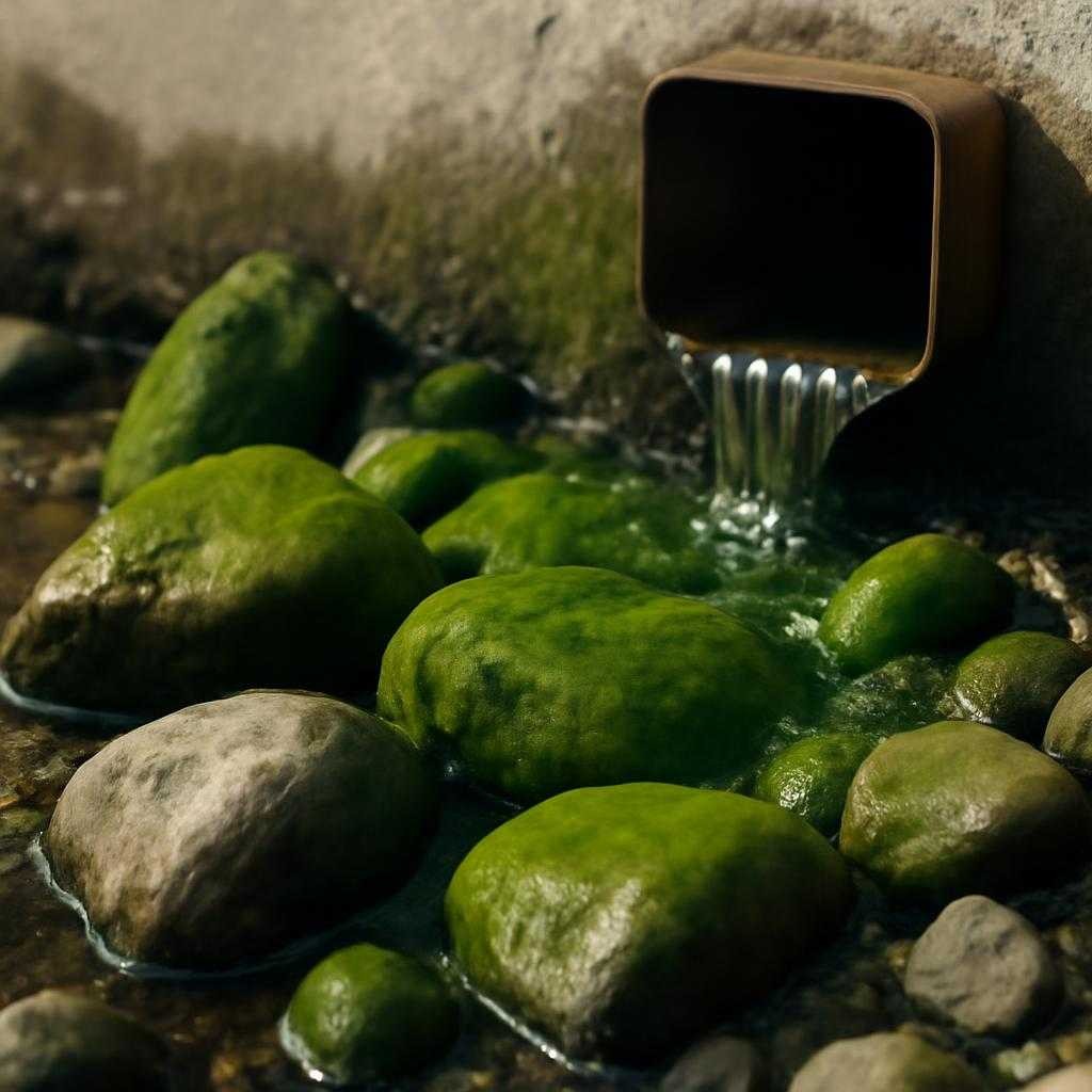 зеленая пленка на камнях возле водостока