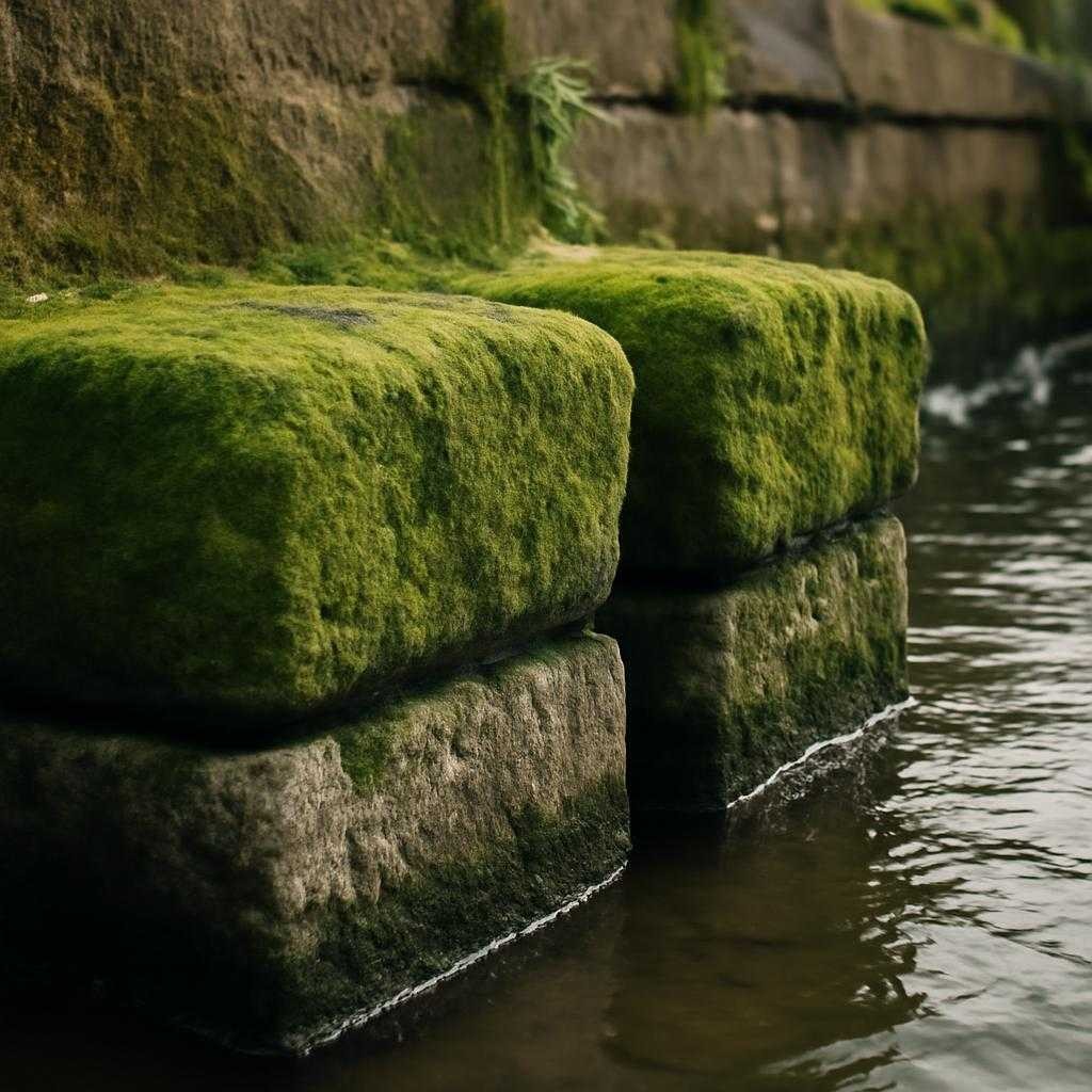 зеленые налеты на каменных подпорках у воды