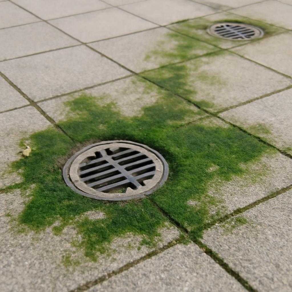 зеленые пятна на плитке возле водостоков