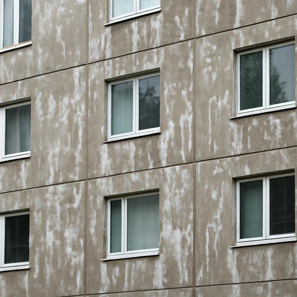 белые пятна на бетонных фасадах после дождя