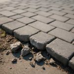Как мороз разрушает кромки тротуарной плитки у входа в магазин