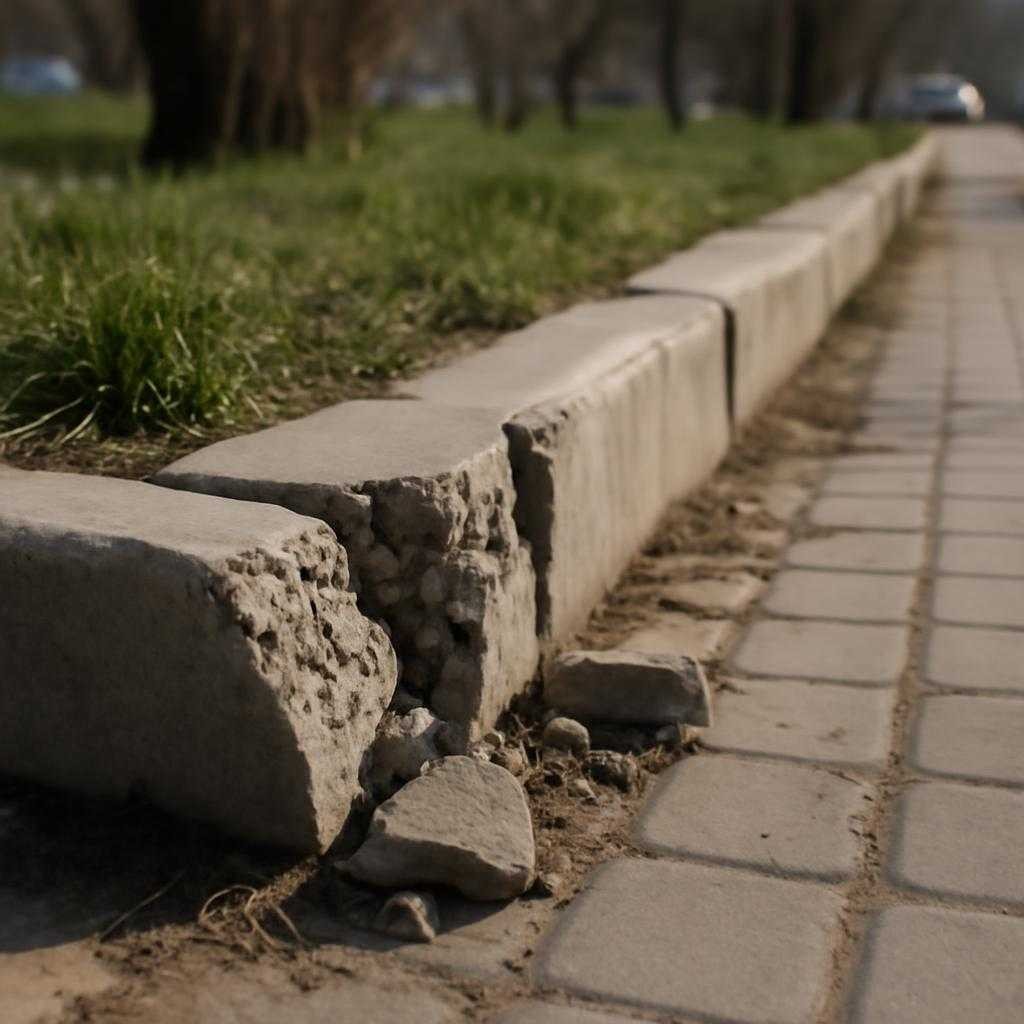 сколы на краях тротуарных бордюров весной