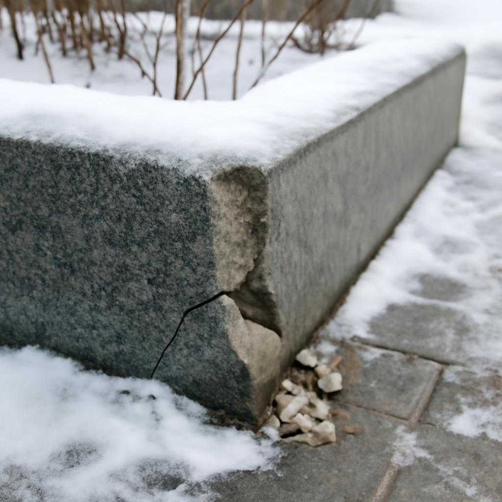 сколы на кромках гранитных клумб зимой